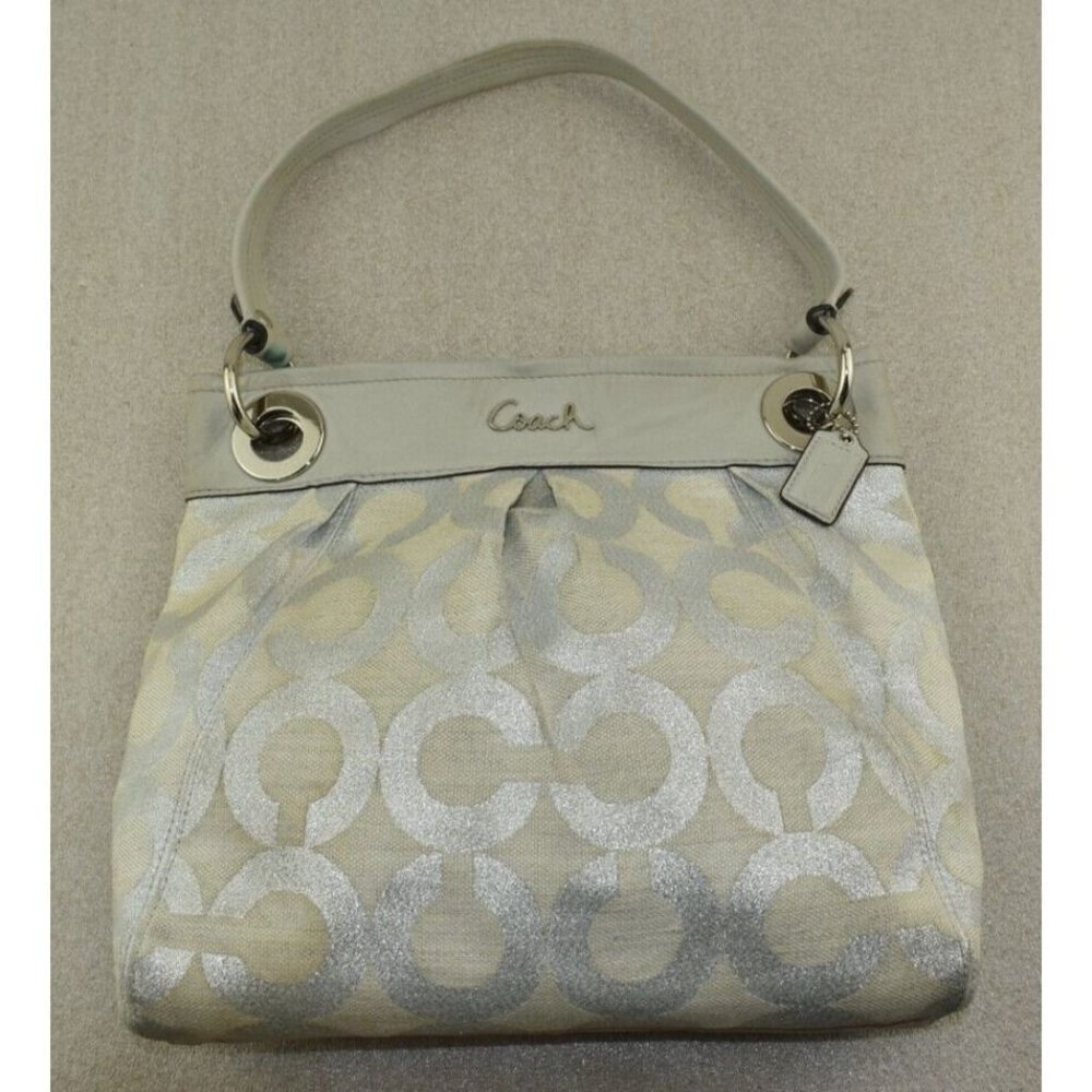 Coach Womens Ashley Signature Op Art Hippie Purse Silver Cream Shoulder Handbag - Picture 2 of 14